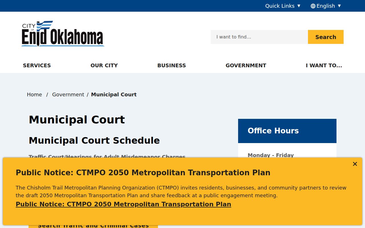 Enid Garfield County warrant records municipal court schedule