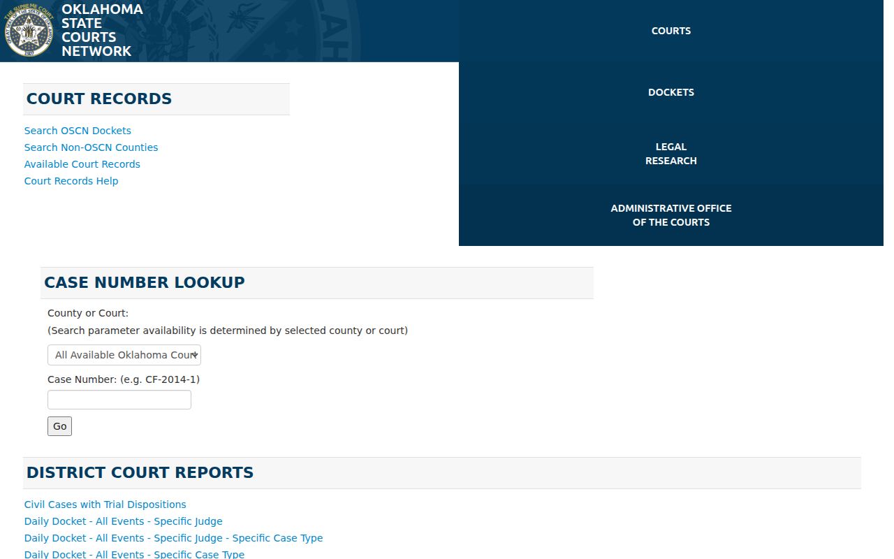 Garfield County warrant check OSCN case number search interface